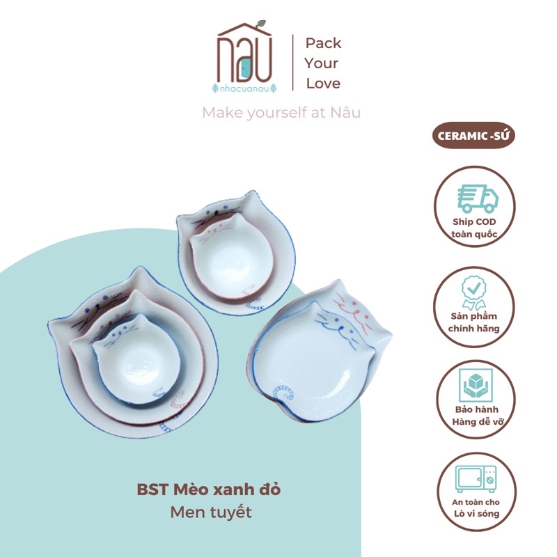 Bát đĩa Mèo men tuyết cực đẹp có hai màu xanh, đỏ dùng an toàn cho cả lò nướng, lò vi sóng