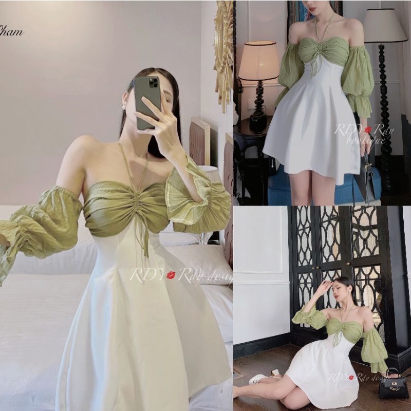 (New2022) Váy cúp ngực dây rút trắng xanh cốm hot trend