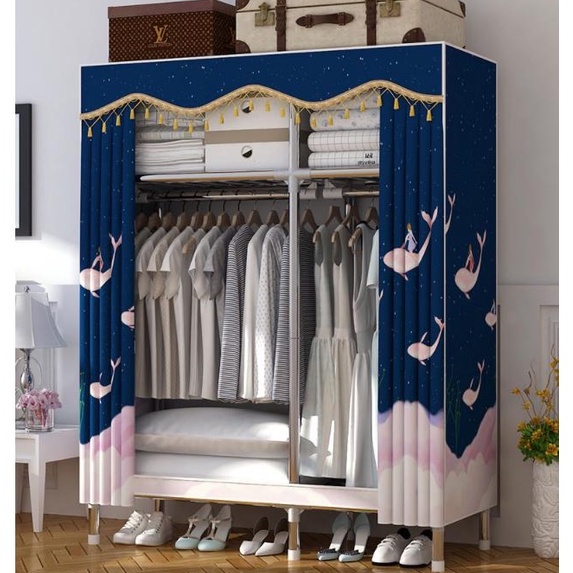 Tủ vải đựng quần áo, tủ vải khung gỗ 2 buồng loại 1 chiều cao 170cm có bọc nhựa miễn phí vận chuyển