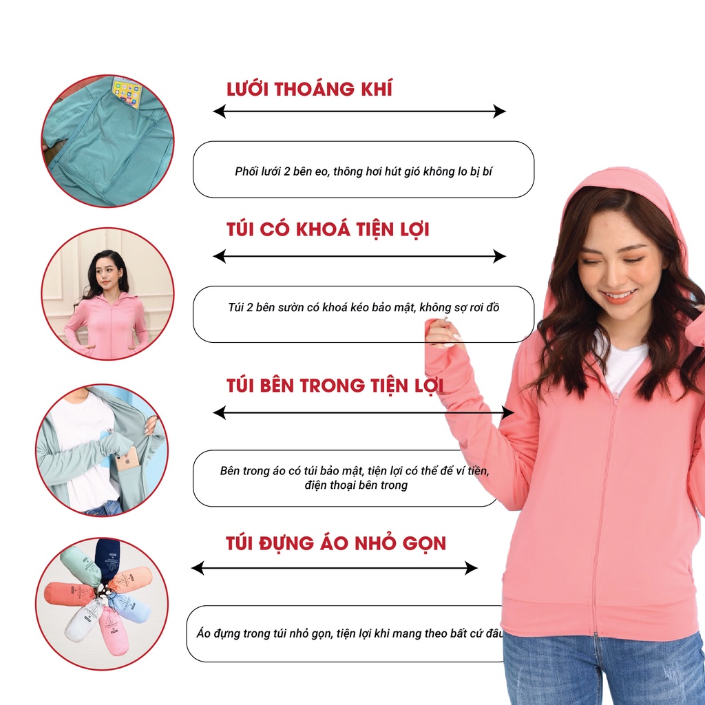 Áo chống nắng mỏng nhẹ cotton phối lưới hai bên eo thoáng khí tặng túi đựng áo JACWATER V300
