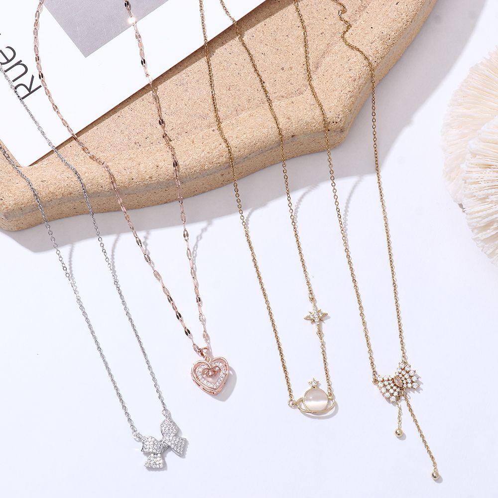 JUNE Simple Pendant Necklace Japanese and Korean-Style Heart Titanium Steel Clavicle Chain Rose|Exquisite Classic Fashionable Jewelry Bow-knot