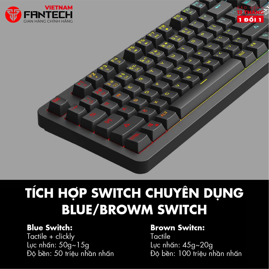 [HOT VOUCHER GIẢM 100K -  12-15 T12]Bàn Phím Cơ Gaming Full-sized Có Dây Fantech MK852 MAXCORE Blue/Brown Switch LED RGB