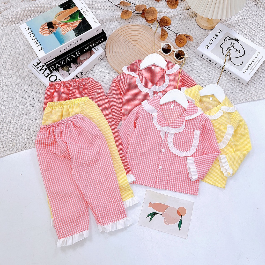 Bộ pijama bé gái dài tay phối ren cho bé từ 8-20kg