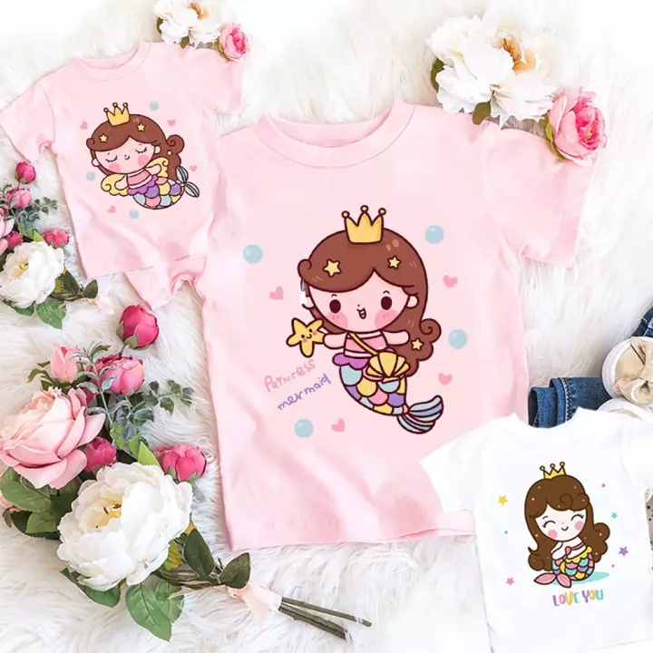 Áo Thun In Hoạt Hình Nàng Tiên Cá Dễ Thương Thời Trang Mùa Hè Cho Bé Gái