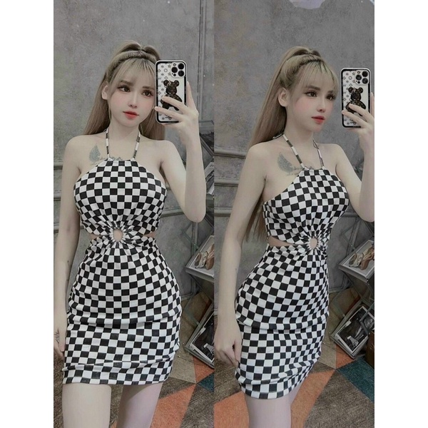 Đầm Yếm Caro Phối Khoen Phong Cách Gợi Cảm D42