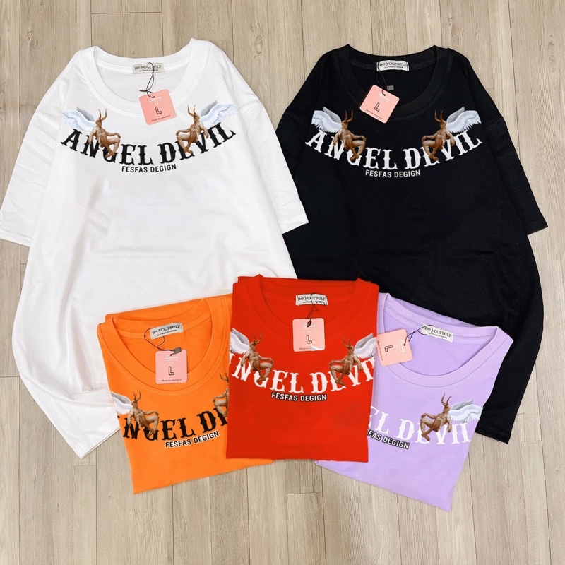 Áo Thun Tay Ngắn UNISEX in Decal ANGEL DEVIL - Hình chụp thật (Đủ size M-L-XL) - Số đo ở cuối