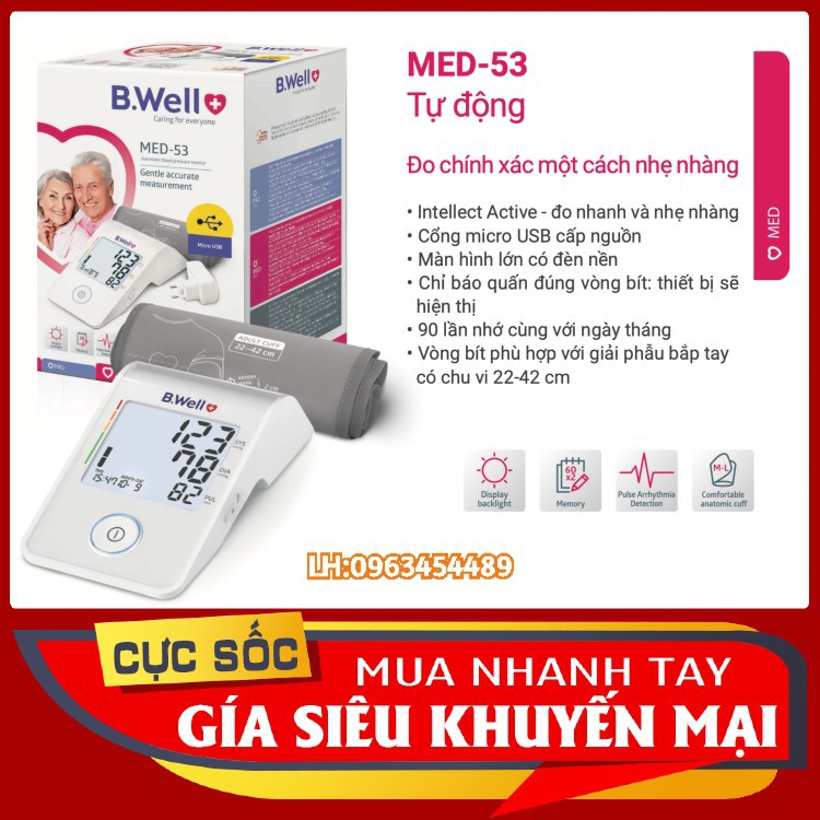 [CHÍNH HÃNG SX tại THỤY SỸ] - MÁY ĐO HUYẾT ÁP CAO CẤP B.WELL MED-53 BẢO HÀNH 5 NĂM - 1 ĐỔI 1