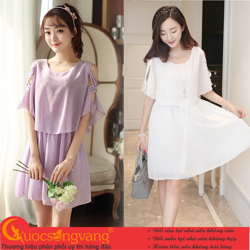 Váy đầm voan hở vai ngắn tay hai lớp ngang gối kiểu Hàn Quốc GLV001