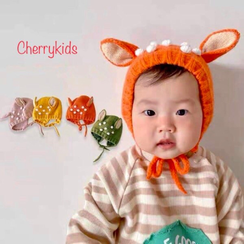 Mũ len hươu cho bé có dây buộc cực xinh 10-36 tháng