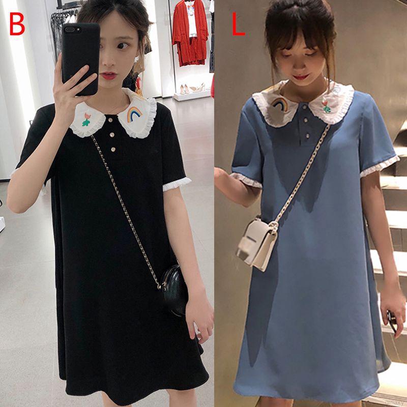 Đầm Ngắn Tay Cổ Búp Bê Thêu Họa Tiết Xinh Xắn Theo Phong Cách Hàn Quốc