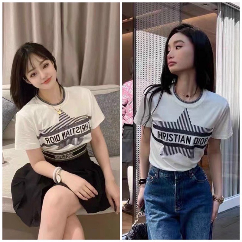 Áo len mongtoghi nữ cổ tròn họa tiết ngôi sao , áo len dệt kim kiểu cải viền cổ chữ Christian dior
