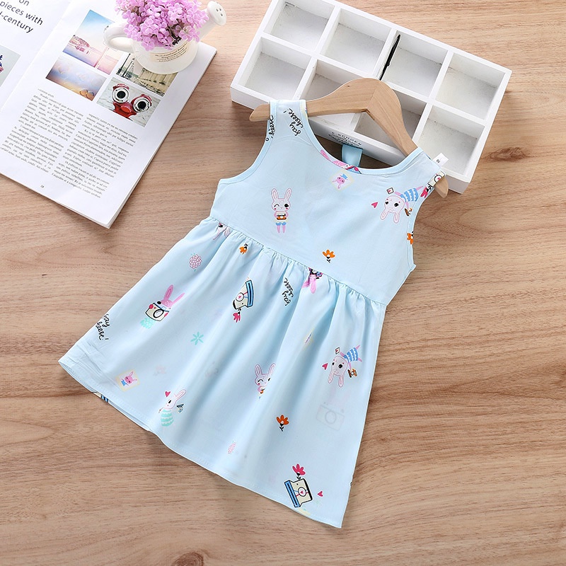 SANITKUN Đầm công chúa sát nách in họa tiết hoạt hình dễ thương thoáng khí thời trang mùa hè dành cho bé gái