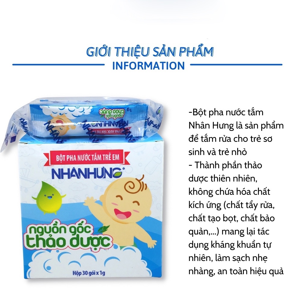 1 Hộp x 30 gói - Bột Pha Nước Tắm Nhân Hưng - Giúp Sạch Da, Kháng Khuẩn, Giảm Bệnh Ngoài Da, Hăm Da, Chàm Sữa, Rôm Sẩy