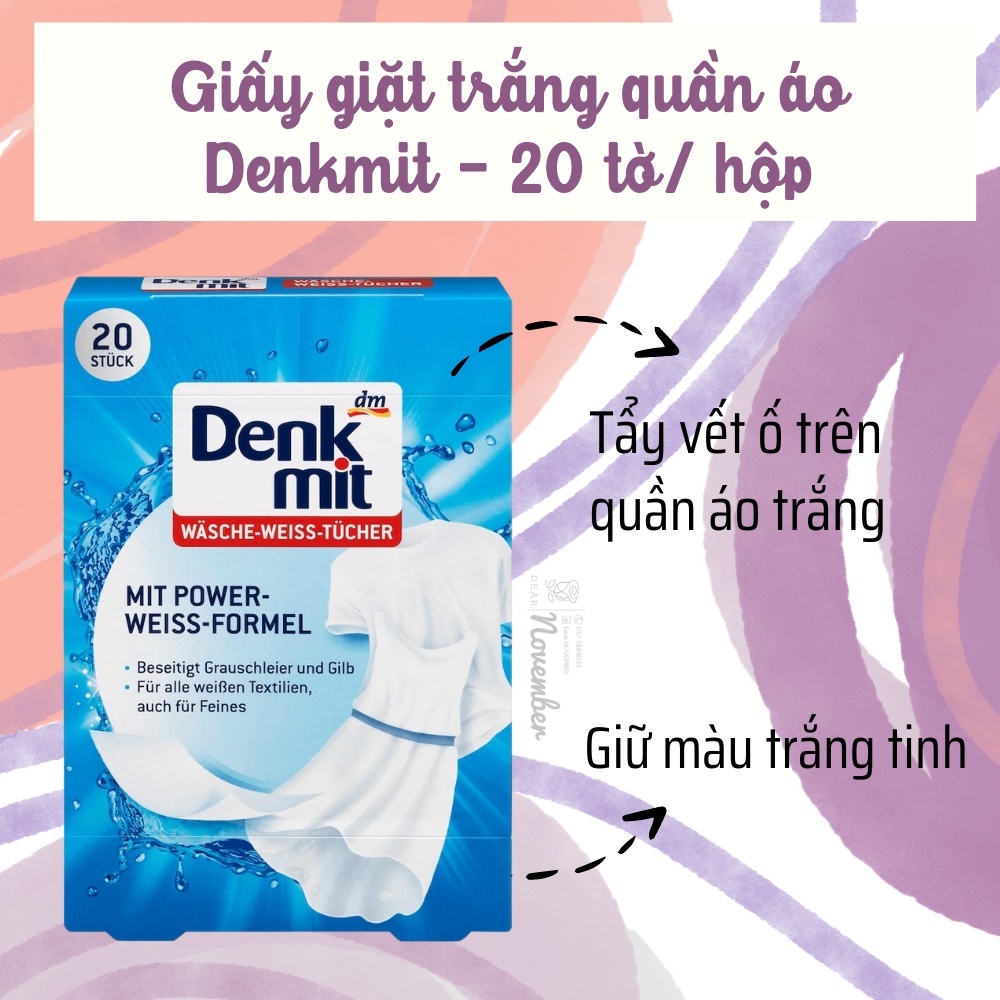 Giấy tẩy trắng quần áo Denkmit - Giấy giặt trắng Denkmit | Nhập Đức chính hãng | Nguyên hộp 20 tờ - Có tách lẻ