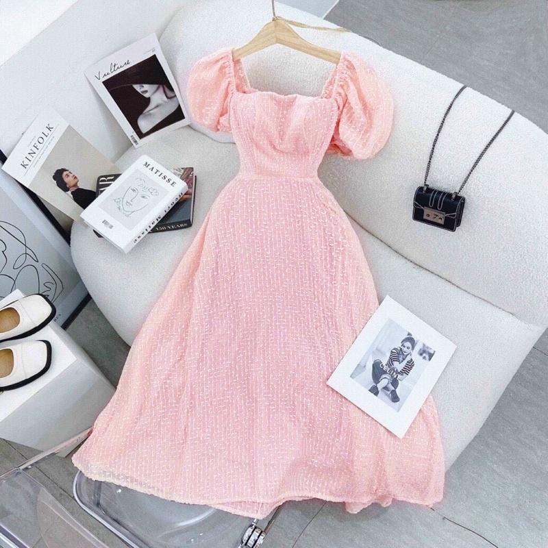 Đầm maxi voan bi cutout lưng cổ vuông tay phồng màu xanh/hồng NÀNG CLOSET