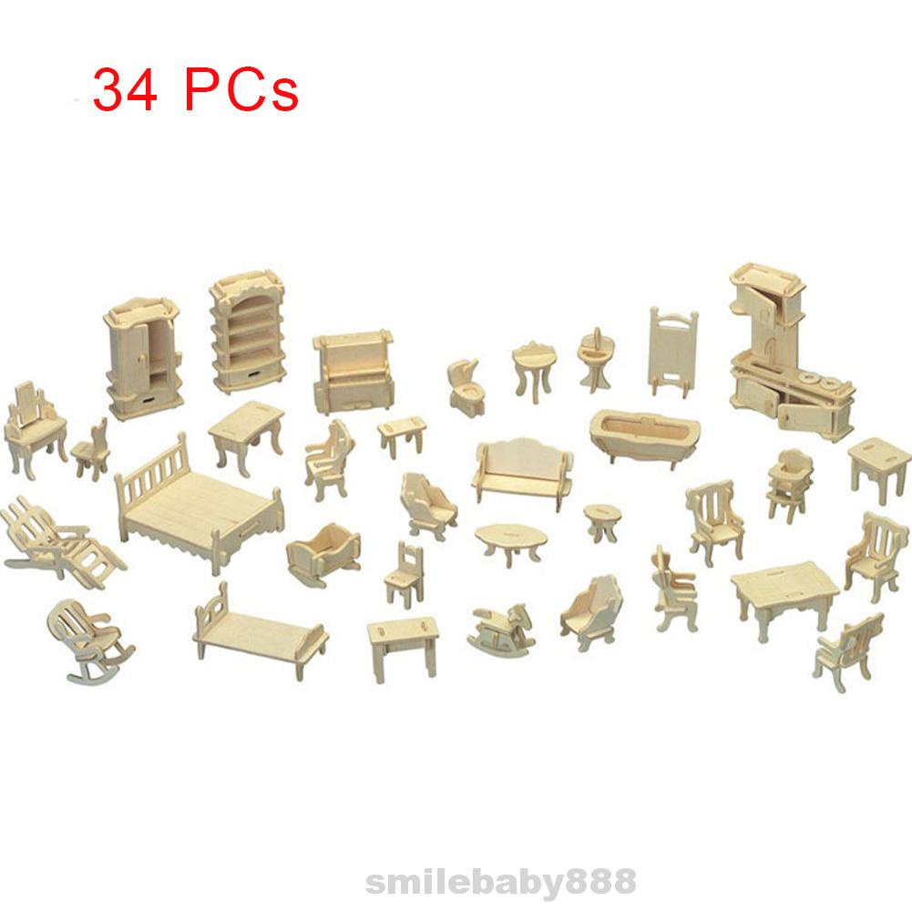 Set 34 Mô Hình Đồ Nội Thất Mini Bằng Gỗ Phong Cách Cổ Điển Trang Trí Nhà Búp Bê
