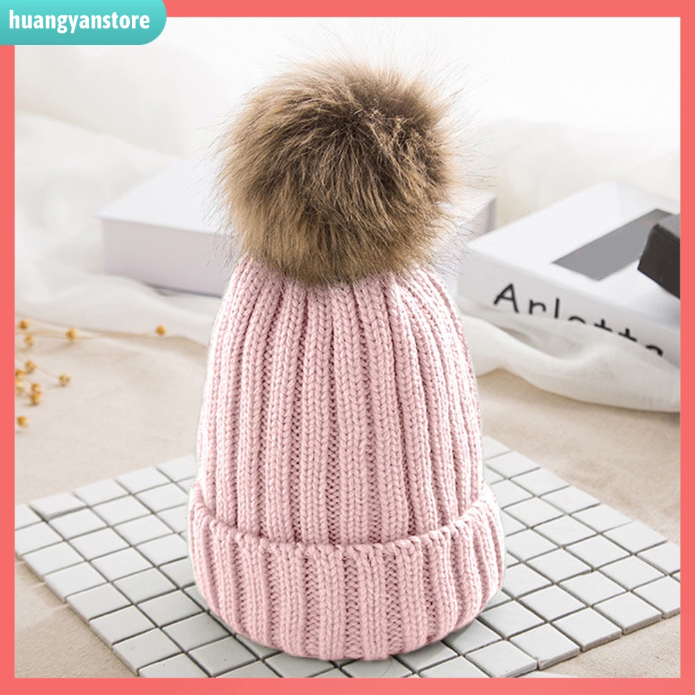 HY| Mũ len đính bóng lông màu trơn giữ ấm cho nữ