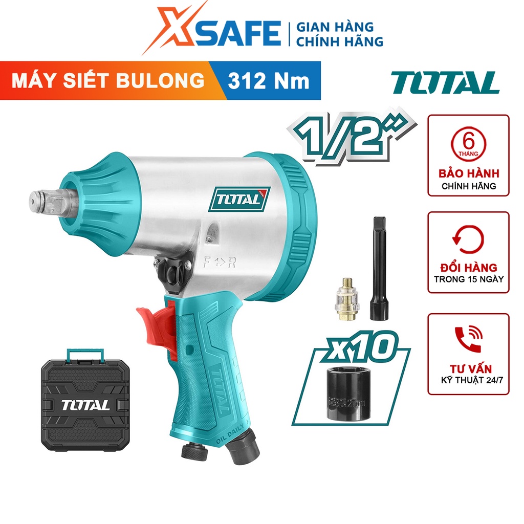 Máy siết bulong khí nén 1/2&quot; Total TAT41125 bắn bu lông, cơ chế búa đôi với đầu nối đa năng momen xoắn 312Nm