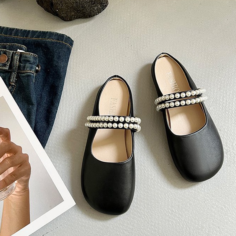 Dép bít mũi IELGY đế bằng đính ngọc trai giả màu trơn đơn giản thời trang cho nữ