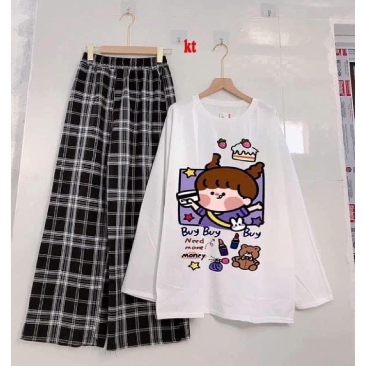 Set Bộ Áo Cô Gái Buy Buy Dài Tay Kèm Quần Kẻ