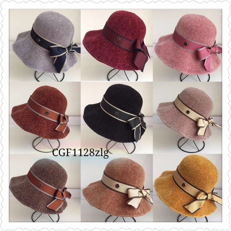 Mũ nữ vành rộng chất nhung mịn thêu chữ M hoạ tiết có đai nơ , phụ kiện thời trang nữ