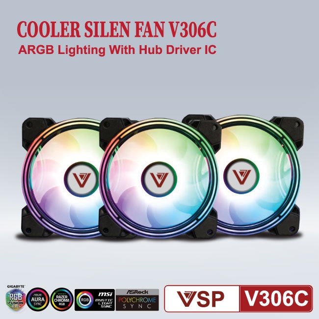 Bộ 3 Fan VSP V306C Led RGB kèm hub và remote Cho Case kính cường lực