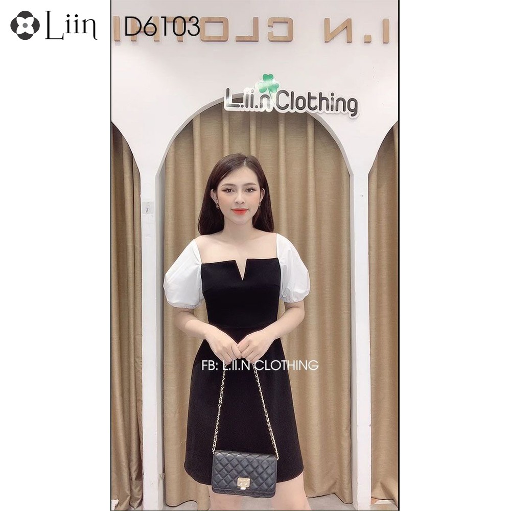 Váy nữ Đen trễ vai phối Tay Bồng Trắng sang trọng Liin Clothing D6103 | BigBuy360 - bigbuy360.vn