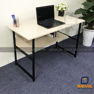 Bàn làm việc hiện đại 2 tầng chân sắt hai màu nâu óc chó và vân sồi hiện đại – BLV23