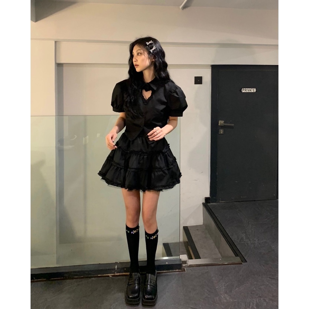 Set Áo Sơ Mi Tay Phồng Kèm Chân Váy Ngắn Xếp Tầng Thời Trang Mùa Hè Dành Cho Nữ