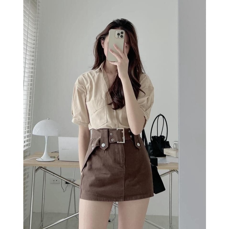 Chân váy jeans thô kaki ngắn kèm đai 757 hàng có sẵn