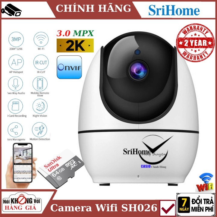 Camera Ip wifi Srihome Sh026 xoay 360 , 3.0Mpx , camera biến AI thông minh , đàm thoại 2 chiều