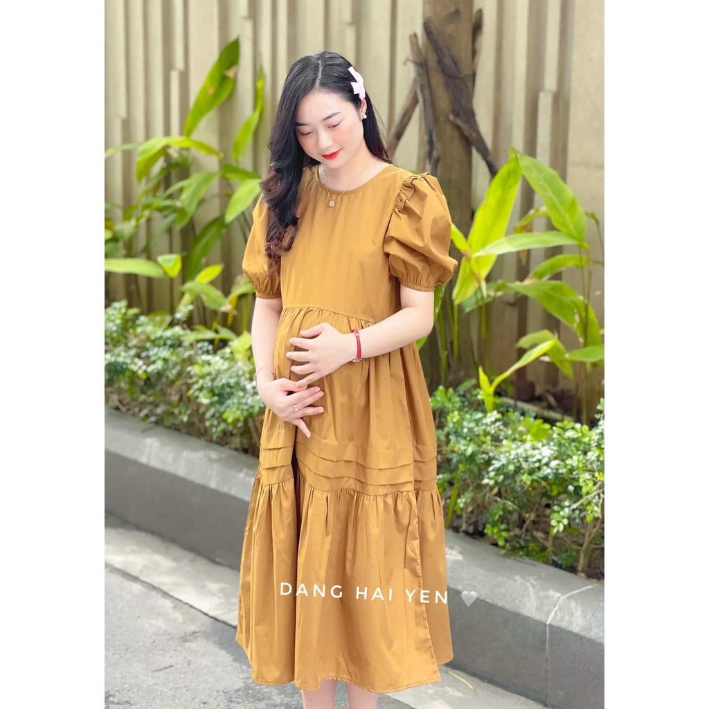 ￼Váy bầu cổ vuông babydoll dáng dài xoè bèo tay bồng chất đũi tơ xước sang chảnh mặc đi biển, đi chơi MĐ95