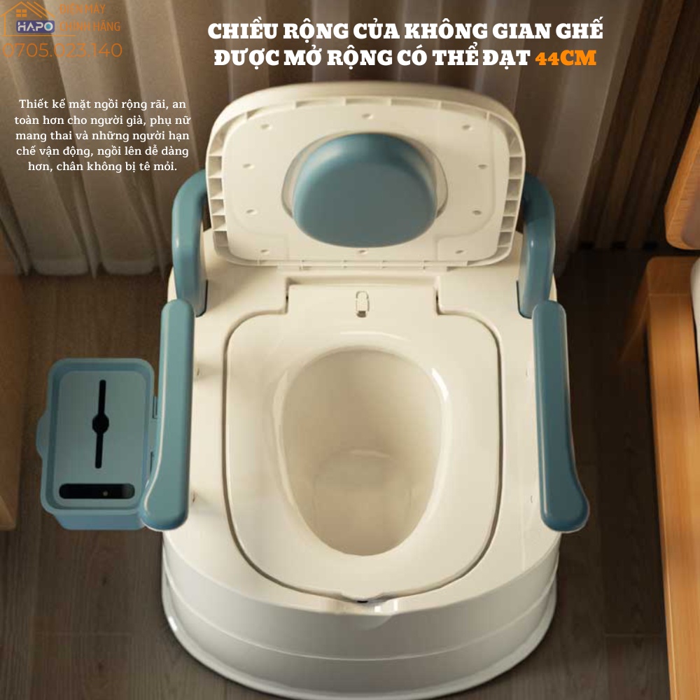 Bồn cầu di động tiện lợi cho người già, Toilet thông minh có đệm cho người ốm tựa lưng chắc chắn, có khay để điện thoại
