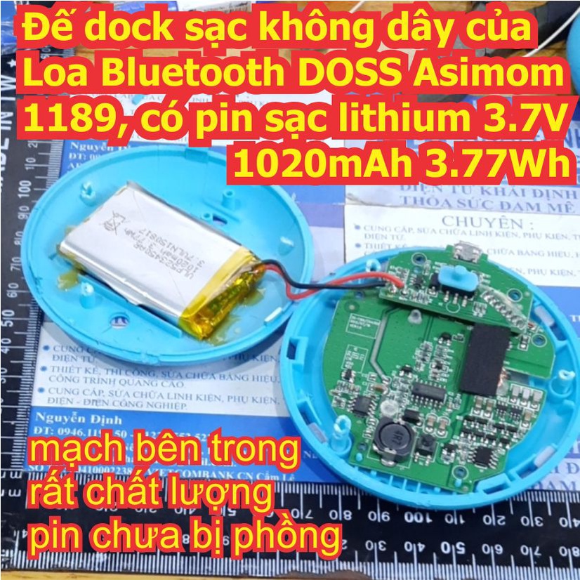 Đế dock sạc không dây của Loa Bluetooth DOSS Asimom 1189, có pin sạc lithium 3.7V 1020mAh 3.77Wh kde8042