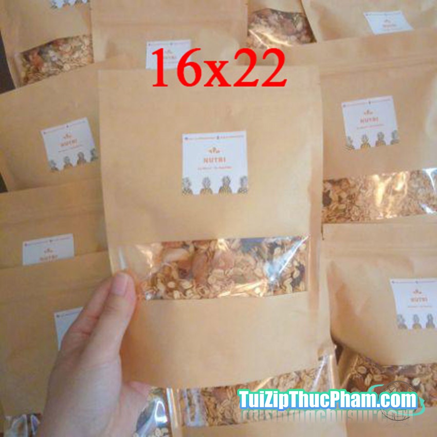 100 cái túi zip giấy kraft 16x22+4cm có cửa sổ tràn viền, zipper phủ PET CPP chống nước chuyên đựng thực phẩm in logo