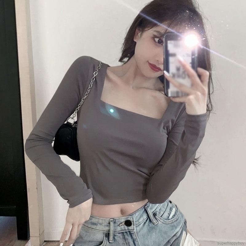 Áo thun lửng nữ tay dài cổ vuông 1 màu giản dị