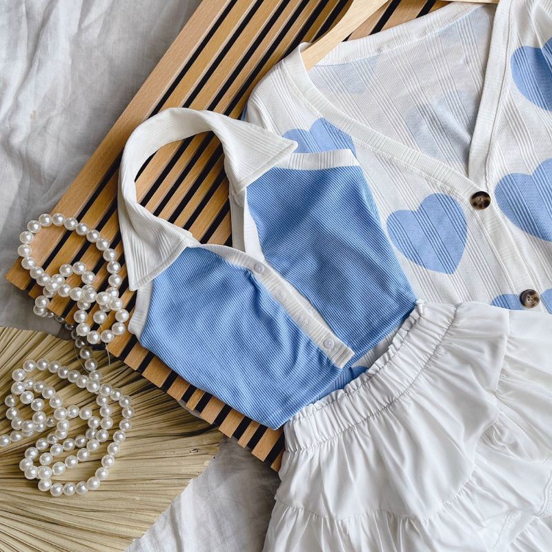 Set ba món áo khoác cadigan kèm áo crop viền mix chân váy tầng viền ren | BigBuy360 - bigbuy360.vn