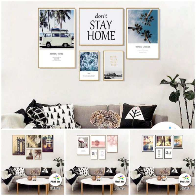 Bộ 5 TRANH TREO TƯỜNG, DÁN TƯỜNG Inphattin trang trí decor hiện đại có sẵn keo dán chắc, không cần khoan tường.
