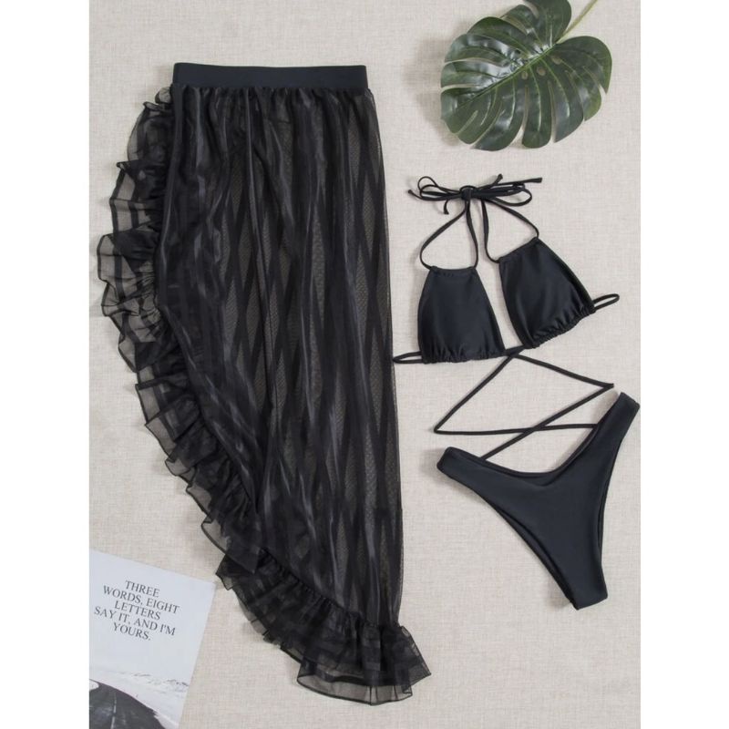 Bikini 3 Mảnh Váy Voan Bồng Bềnh xẻ Tà Xuyên Thấu Sexy