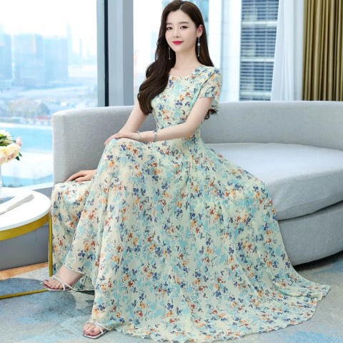 Đầm Dài Tay Ngắn Cổ Tròn Thời Trang Mùa Hè 2022 Mới Dành Cho Nữ