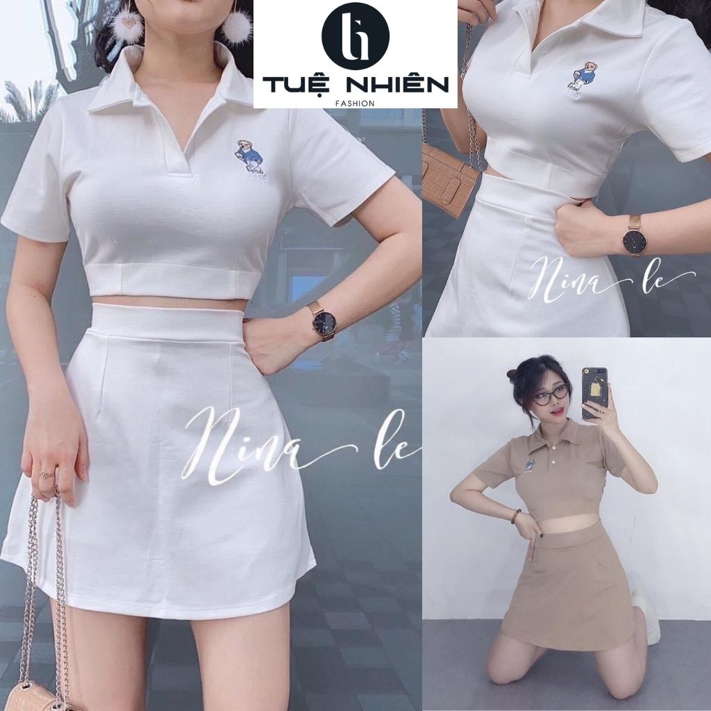 Set đồ nữ cá tính, áo croptop hình gấu ngắn tay, chân váy ngắn, set đồ nữ thể thao - Tuệ Nhiên - Fashion