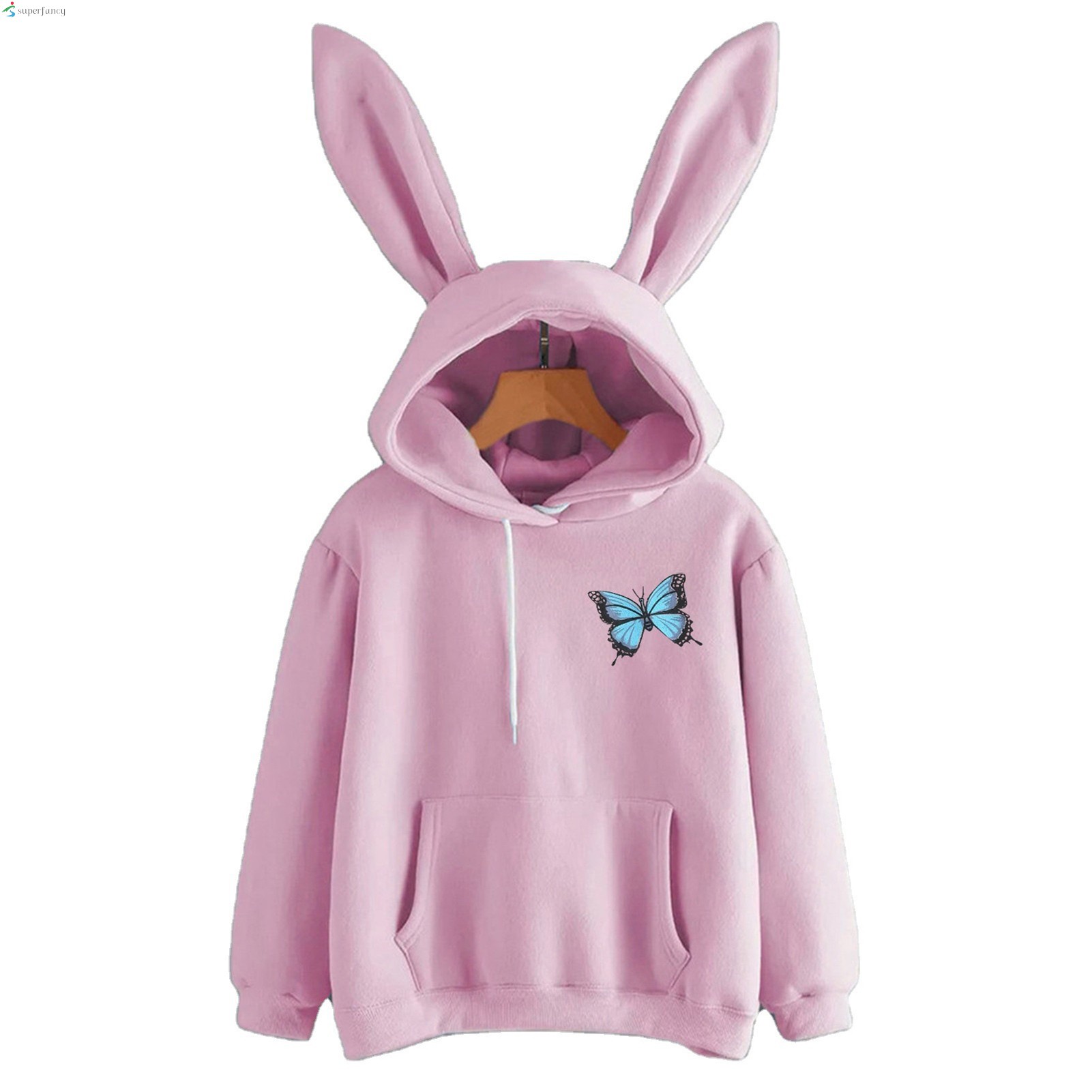 Women Long Sleeve Rabbit Hooded Sweatshirt Butterfly Print Bunny Ear Pullover Tops for Autumn Winter