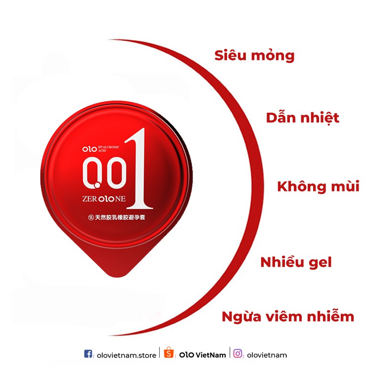 Bao cao su OLO Zero One đỏ siêu mỏng 0.01mm nhiều gel bôi trơn HA 10 bao