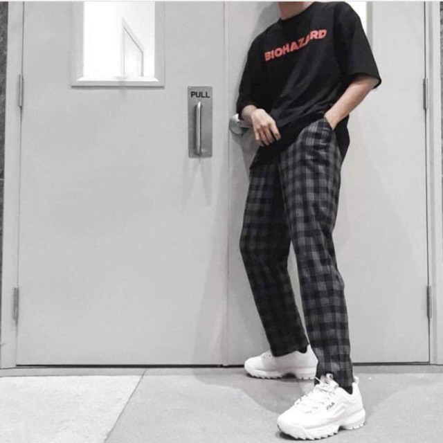 Quần caro xám xanh Plaid pants ảnh thật