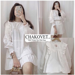 Áo babydoll cổ bèo kẻ ly chun vai phong cách tiểu thư cka817 , kiểu áo sơ mi nữ trắng