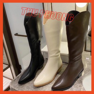 [Boots đùi nữ] [Bốt boots đùi da khoét trước cổ vát mũi nhọn đế vuông khoá cạnh cao cấp full box]
