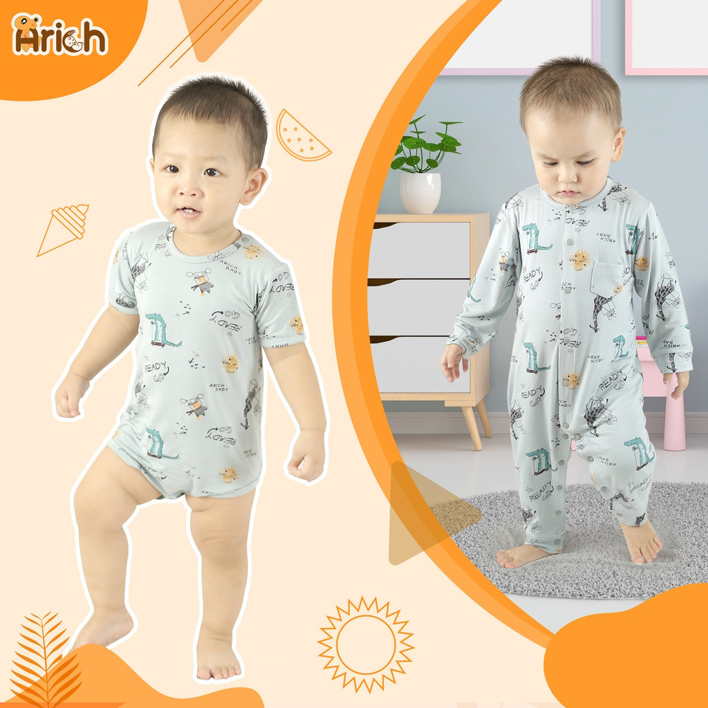 Bộ body cộc cài vai họa tiết hươu xám Arich (size 0-3 tháng đến 9-12 tháng)