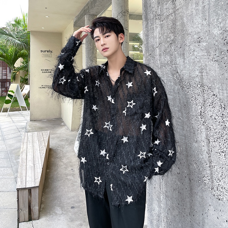 Áo Sơ Mi Xuyên Thấu Phối Tua Rua Lông Vũ Cổ Tích ins Cá Tính Cho Nam