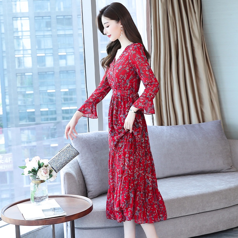Đầm Voan Hoa Dài Qua Gối Tay Dài Cổ Chữ v Thời Trang Hàn Quốc