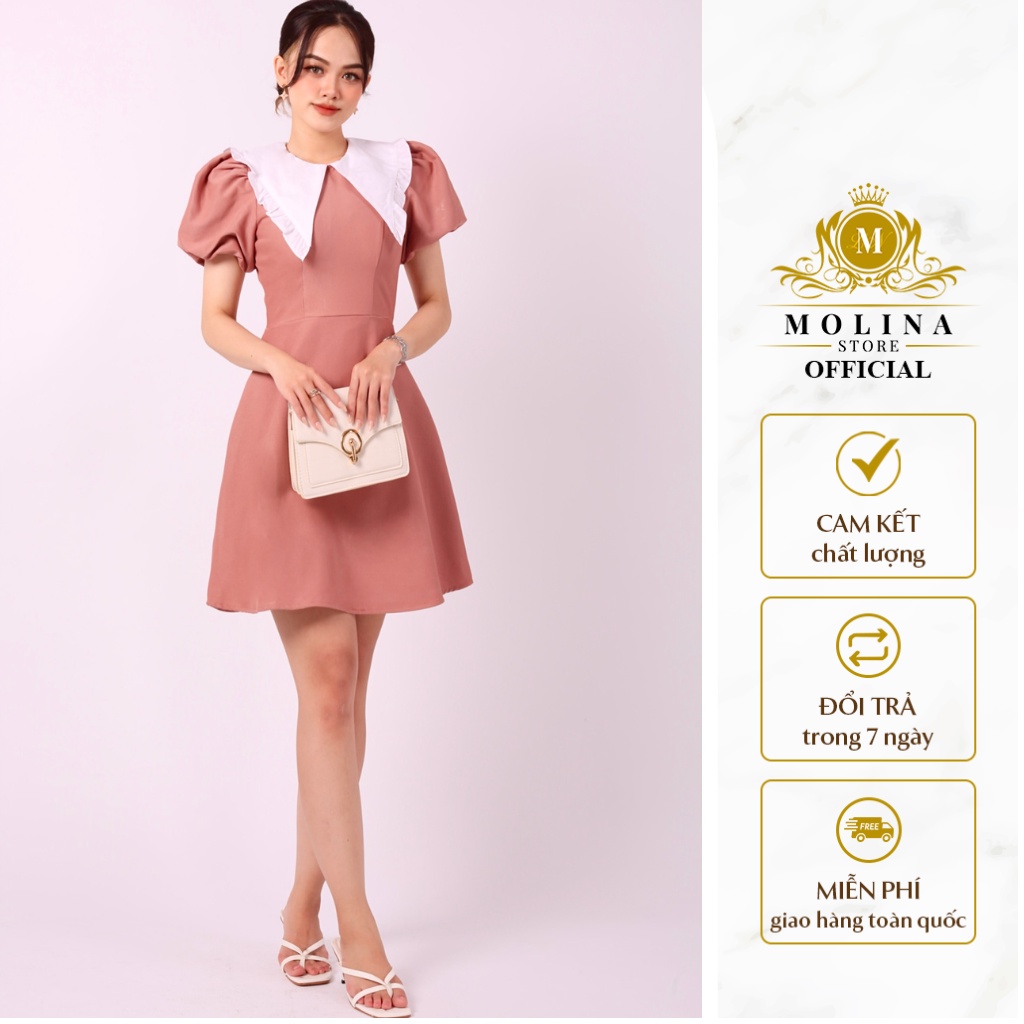 Đầm Chữ A Dáng Ngắn Cổ Bèo Nhọn Tay Phồng Thiết Kế Molina Chất Liệu Cao Cấp Mềm Mát Chuẩn Form